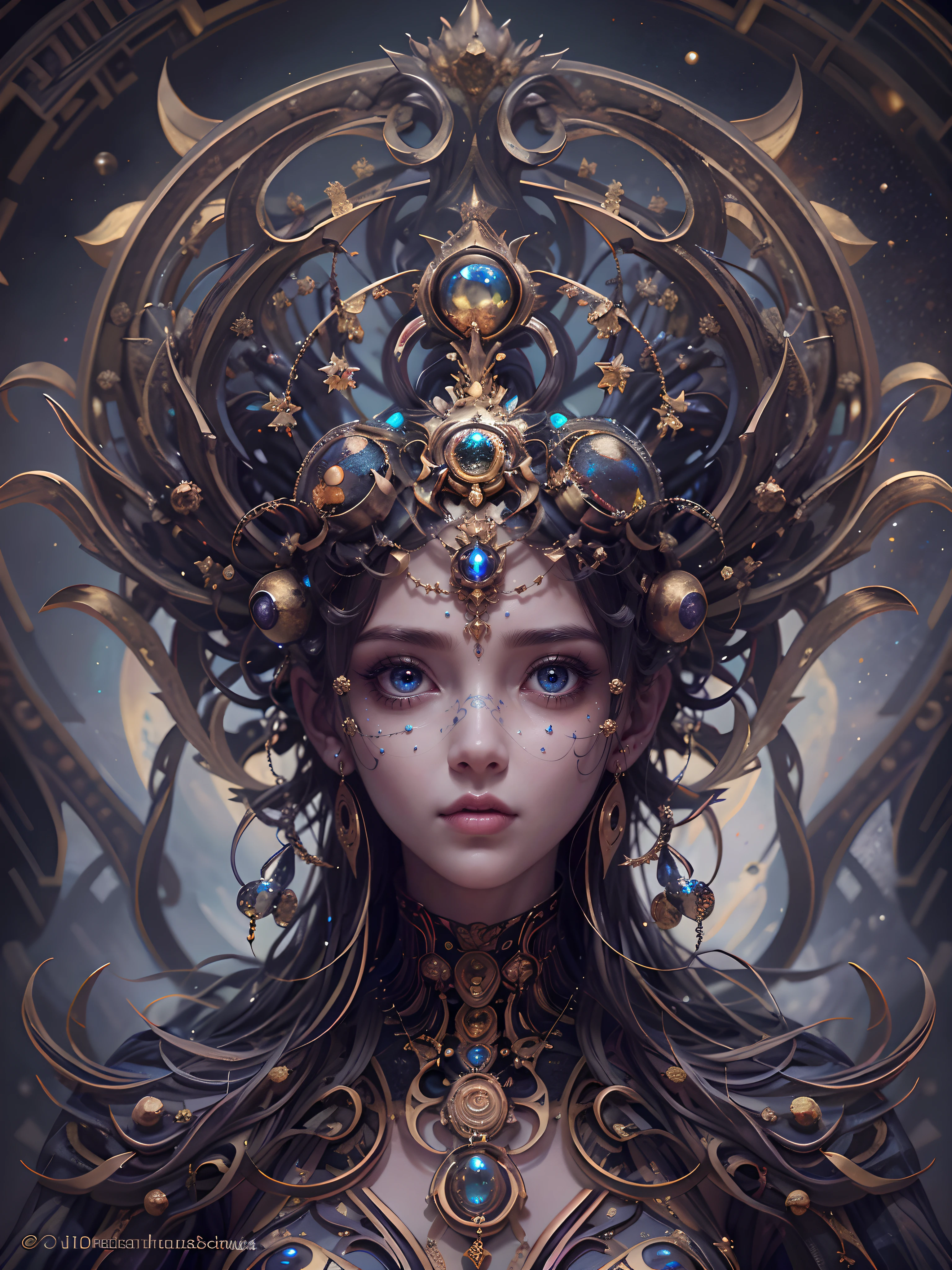 (best qualtiy,ultra - detailed,Most Best Illustration,Best shadow,tmasterpiece,A high resolution,professionalartwork,famousartwork),Detailed eyes,beautidful eyes,closeup cleavage,sci-fy,colored sclera,Robot eyes,face markings,Tattooed with,(fractalized,Fractal eyes),largeeyes,Wide eyes,(Eye focus),sface focus,Cosmic eyes,Space eyes,Close-up of metal sculpture of a woman with a moon in her hair,goddes。extremly high detail,3 d goddess portrait,Extremely detailed footage of the goddess,a stunning portrait of a goddess,Side image of the goddess,portrait of a beautiful goddess,Full body close-up portrait of the goddess,hecate goddess,portrait of a norse moon goddess,goddess of space and time