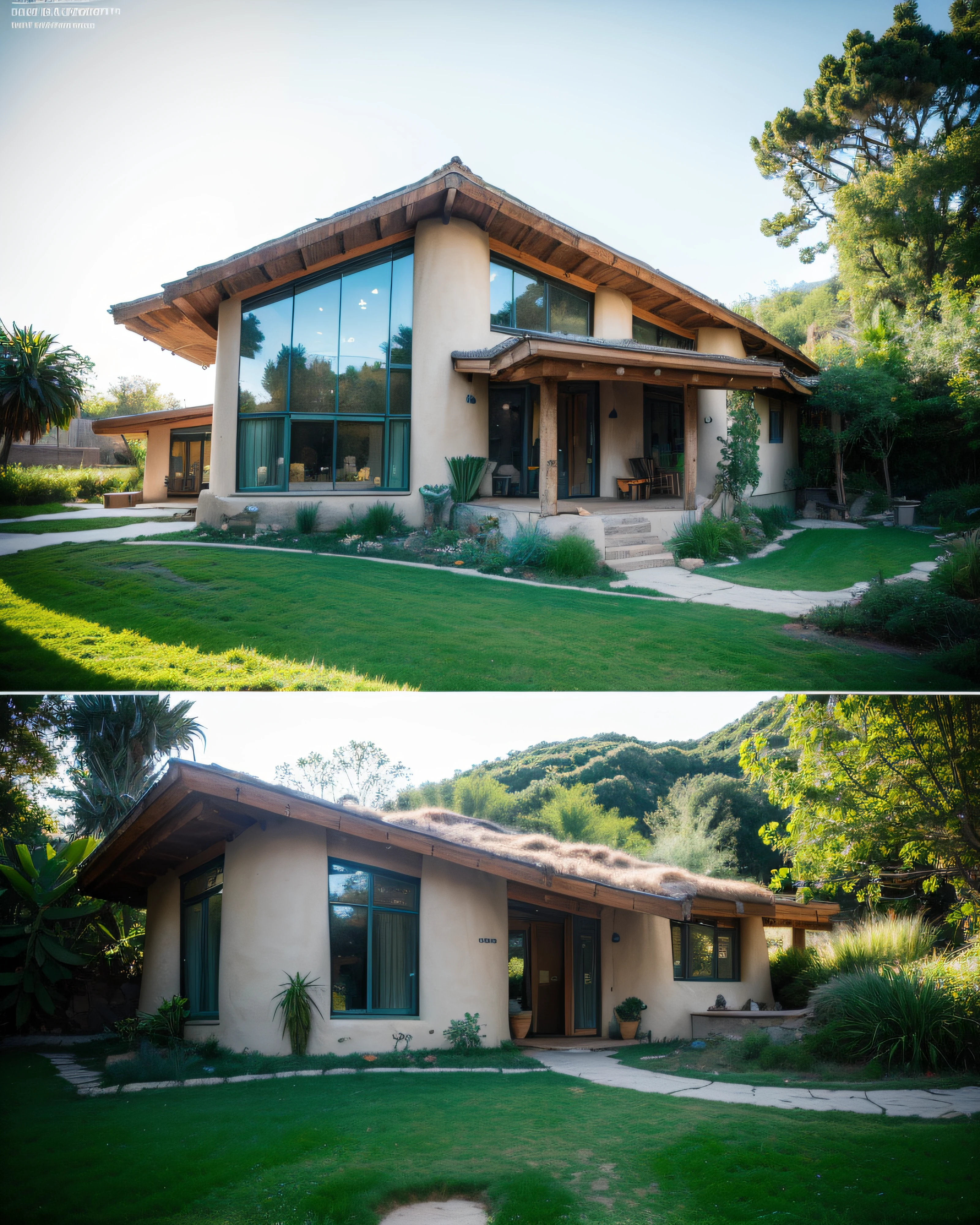 A imposing angular rounded corners contemporary modern hobbit house with a organic curved walls in tropical backyard, plaster (((rustic mud stucco santa fe style))) and a (((wave shape greenroof with a wood edge))), (((wood and rake fascia roof))), eaves, porch, ((timber frame roof)), in the bali (((tropical garden))), ((rounded corners walls)), ((rustic mud plaster)), (((curved organic rounded corners walls))), (((rustic earth plaster, mud clay stucco))), natural houses, bali style, Organic Buildings, Organic Architecture, Earthworks, Ecovillage, Sustainable Architecture, Biobuilding, Solarpunk Architecture, (((Grass Roof, Green Roof, Green Wave Roof, Rounded Roof, vegetated roofs))), green architecture, Passive house, Rock Foundation, clean sky in background, Interdimensional Villa, a painful beauty, organic architecture, green house, Super Resolution, cinematic, color grading, editorial photography, photography, Photo Shoot, front eye top angle view dramatic, Spring 50mm, Depth of Field, Intricate Details, Natural Colors, Sharp Focus, Warm Light, Shutter Speed 1/1000, F/22, White Balance, Ray Trace Reflections, Lumen Reflections, Screen Space Reflections, Diffraction Classification, Chromatic Aberration, GB Offset, Partial Illumination, Backlight, Natural Illumination, Sweep Lines, Ambient Occlusion, Anti-Aliasing, Shaders, OpenGL-Shaders, GLSL-Shaders, Post Processing, Post Production, The Shading, Tone Mapping, Insanely detailed and intricate, hypermaximalist, elegant, hyperrealistic, super detailed, dynamic pose, Fujifilm XT3 front eye angle view