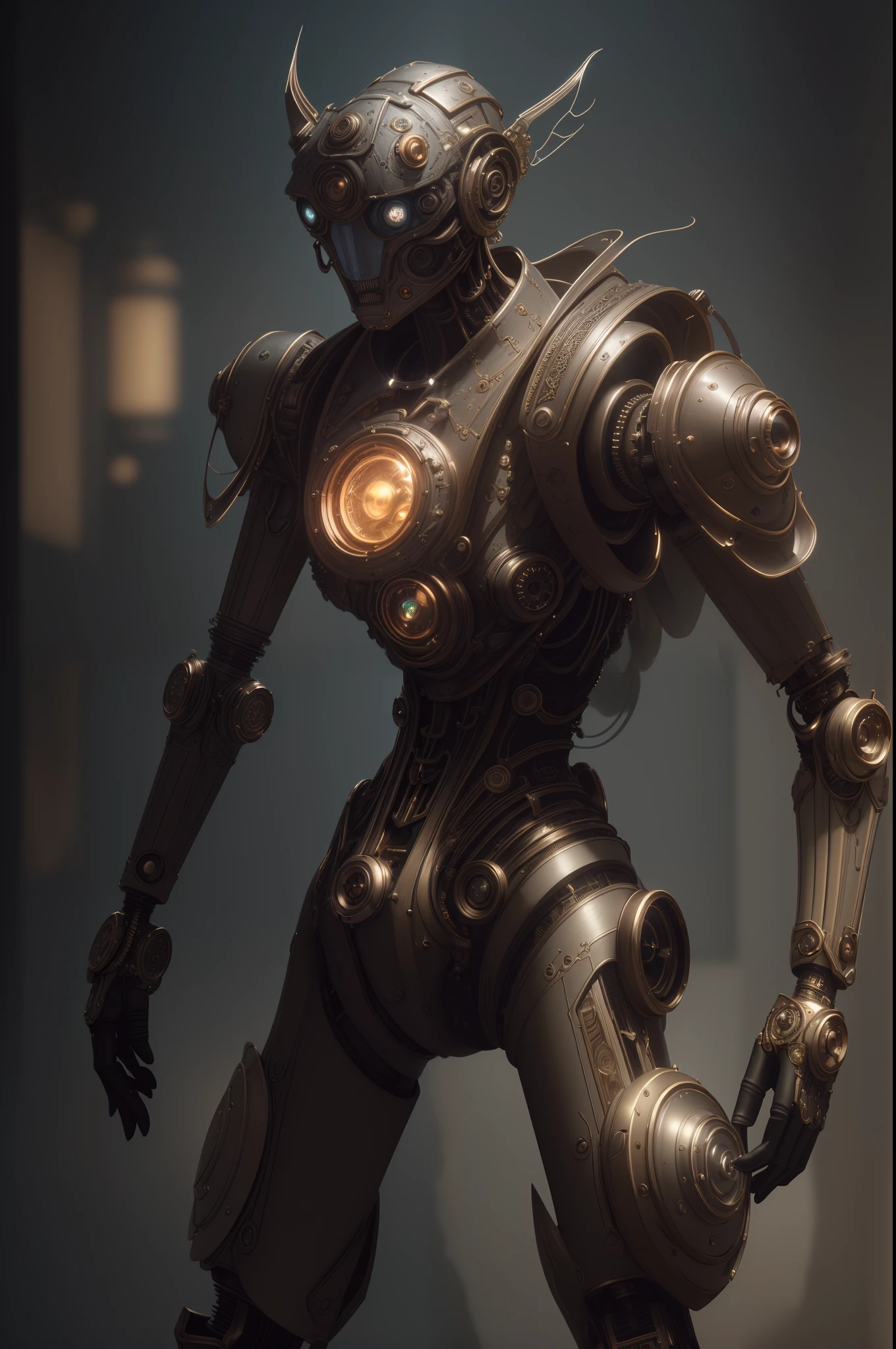 steampunk clockwork robot, rpg, hi res, 4k, 8k, 16k, ultrahd, realisitic, photon mapping, radiosity, cinematic lighting, sharp focus, best quality, volumetric lighting, volumetric light, concept art, path tracing. warm colors, (RAW photo., best quality), (realistic, Realistic: 1.3), NVIDIA RTX Ray Tracing, octan render, high-resolution, beautiful, Awesome, finely and highly detailed, masterpiece, ultra-detailed, High, (best illustration), (best shadow), intricate, sharp focus, perfect composition, fantasy, intricate, elegant, volumetric mist, 8k UHD, DSLR, high quality, (grain of film: 1.4), Fujifilm XT3, art-station, smooth and sharp focus, detailed