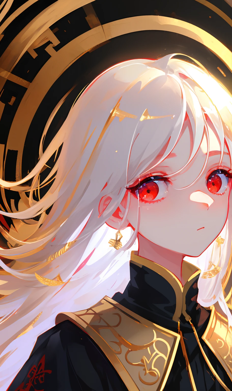 wallpaper, gorgeous, masterpiece, best quality, 1girl, white hair, perfect face, expressive eyes, red eyes, glow,glowing eyes, soft, calm, soft colors, contrast, gold, gold background