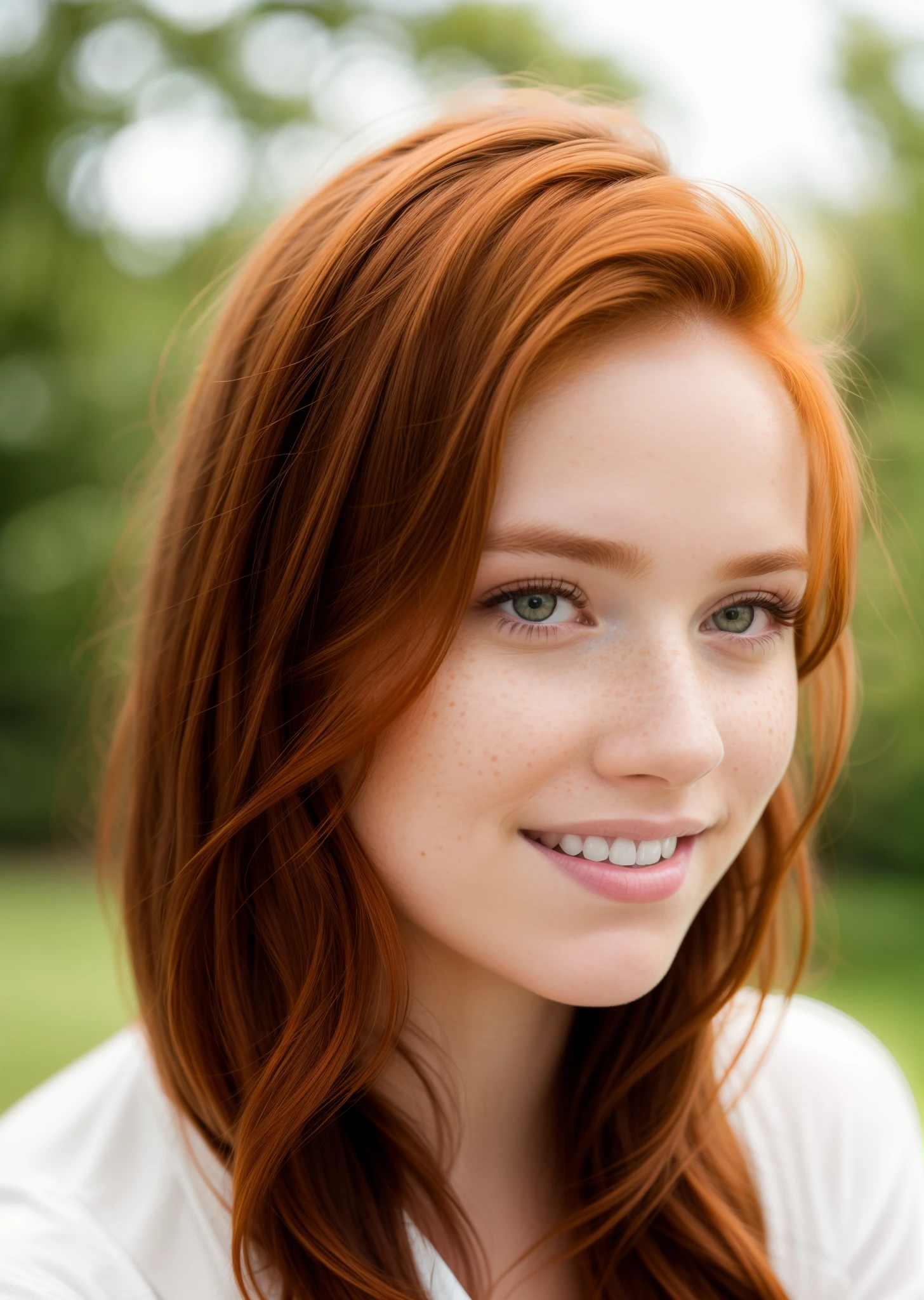 An image of a beautiful young woman with (reddish:0.7) auburn hair warm hazel eyes a few freckles in her cheeks and an infectious smile, casually dressed, ultra quality, natural lighting, dslr, ultra quality, sharp focus, tack sharp, dof, film grain, Fujifilm XT3, crystal clear, 8K UHD, highly detailed glossy eyes, high detailed skin, skin pores