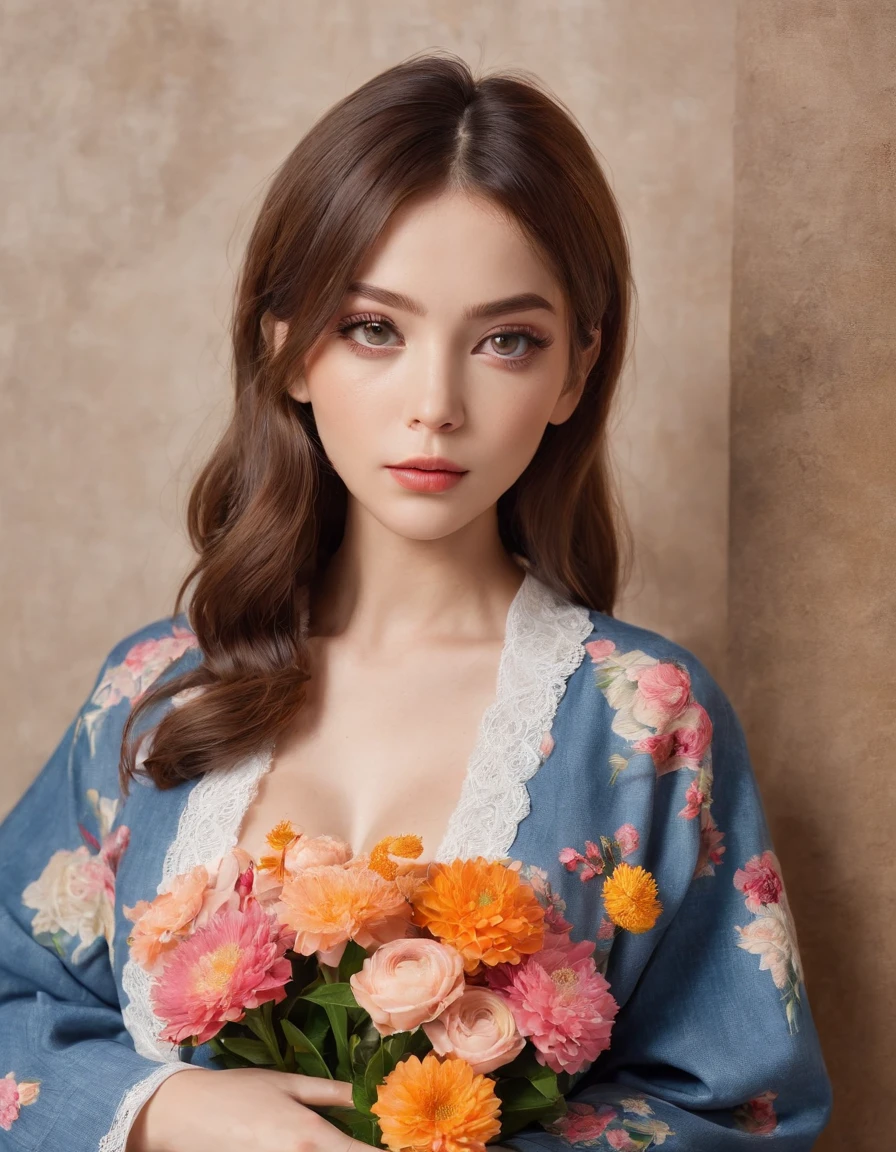 Very pretty, young, beautiful 19 year old girl with big eyes. Her skin is very smooth and beautiful. She is wearing a denim kimono with a lace collar::80 hair short bob. Her hair is brown. The background walls are decorated with colorful flowers. She is posed at an angle with her face facing forward. Soft light illuminates the girl. She is holding a large bouquet of flowers in her hands. Camera: Sony, 85mm f/1.8 lens, ISO 200, shallow depth of field, blurred background.Face of Details、detailed tits、