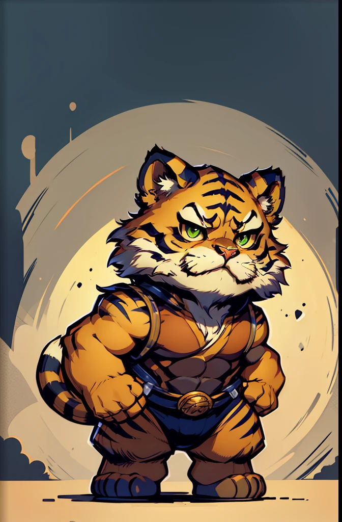 1young tiger,warrior, chibi, anthropomorphic, golden fur, very big green eyes, simple dark background, ready for attack on his feet