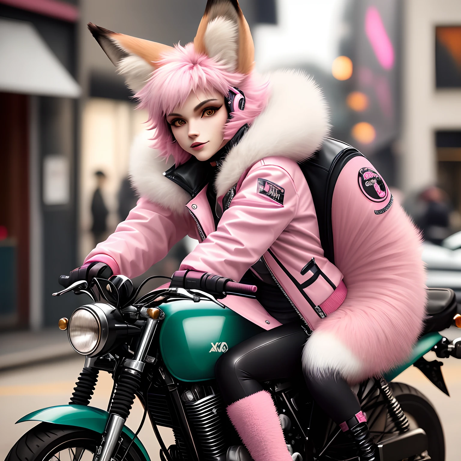 An anthropomorphic fox with pink fur. She wears post-punk clothes and indie style. Ela usa uma jaqueta de couro estilo motociclista. His face and body are totally animal.