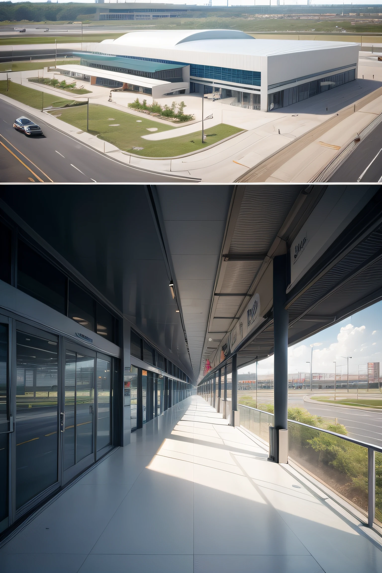 Design of a large bus station, modern and sustainable located on a highway, with spaces for integration of the building with the surroundings. with metallic structure materiality, com uso moderado de vidro devido as altas temperaturas da regiao