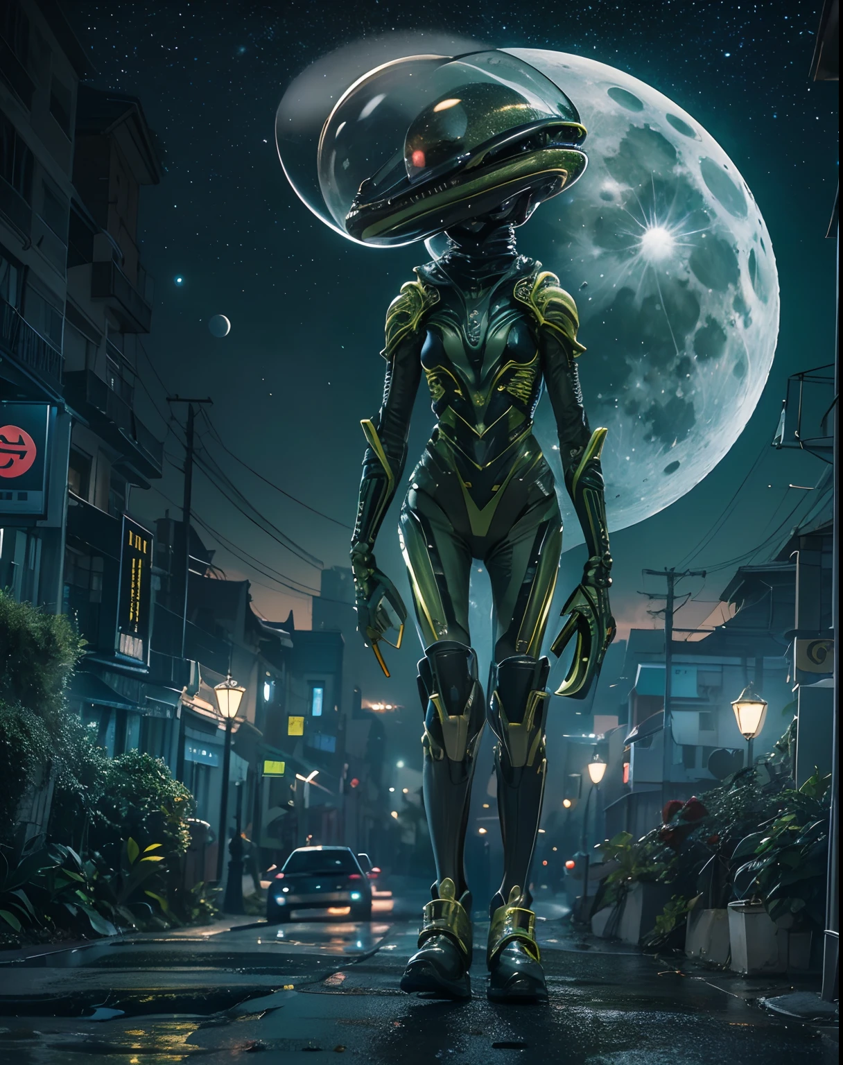 A detailed photo of an alien, intricate details, big head, in the suburbs, night, full moon, walking on tiptoe, sneaky, green and black, futuristic design, masterpiece, best quality