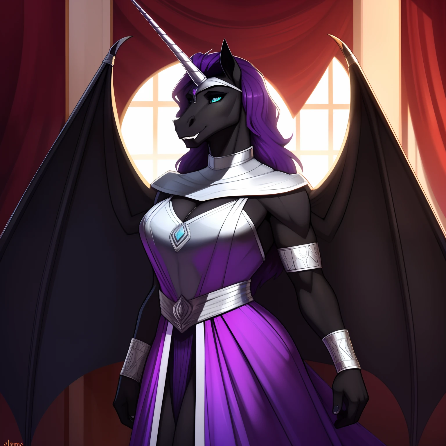 Tall_lithe_muscular_mature_unicorn female dark_purple_mane wavy_mane black_furry_body teal_eyes slit_pupils majestic solo Masterpiece best_quality absurdres highly_detailed gown_with_silver_trim silver_circlet silver_gorget silver_bracers cleanly_drawn_eyes fangs bat_wings purple_eyeshadow horse_snout anthro_only dark_poorly_light_ballroom_illuminated_by_moonlight by_claweddrip, by_greasymojo, by_underscore-b, by_runawaystride