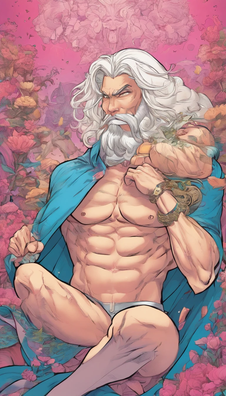 Homem musculoso usando calcinha rosa fofa e meias de coxa, has long flowing white hair, tem orelhas de lobo, tem cauda de lobo, usando lingerie, suado, It stands alone, sozinho, bulge in crotch bulge+, huge bulge, coxas extremamente grossas, bunda grande,