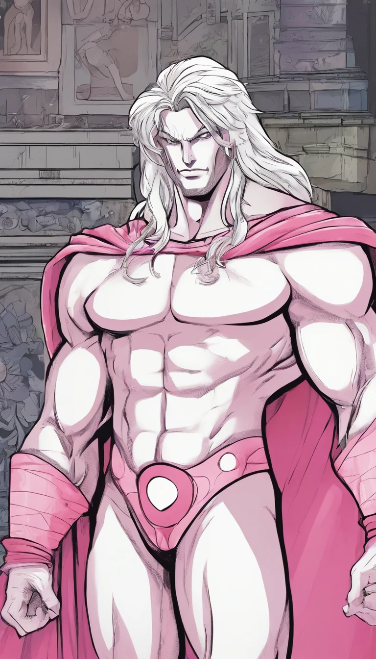 Homem musculoso usando calcinha rosa fofa e meias de coxa, has long flowing white hair, tem orelhas de lobo, tem cauda de lobo, usando lingerie, suado, It stands alone, sozinho, bulge in crotch bulge+, huge bulge, coxas extremamente grossas, bunda grande,
