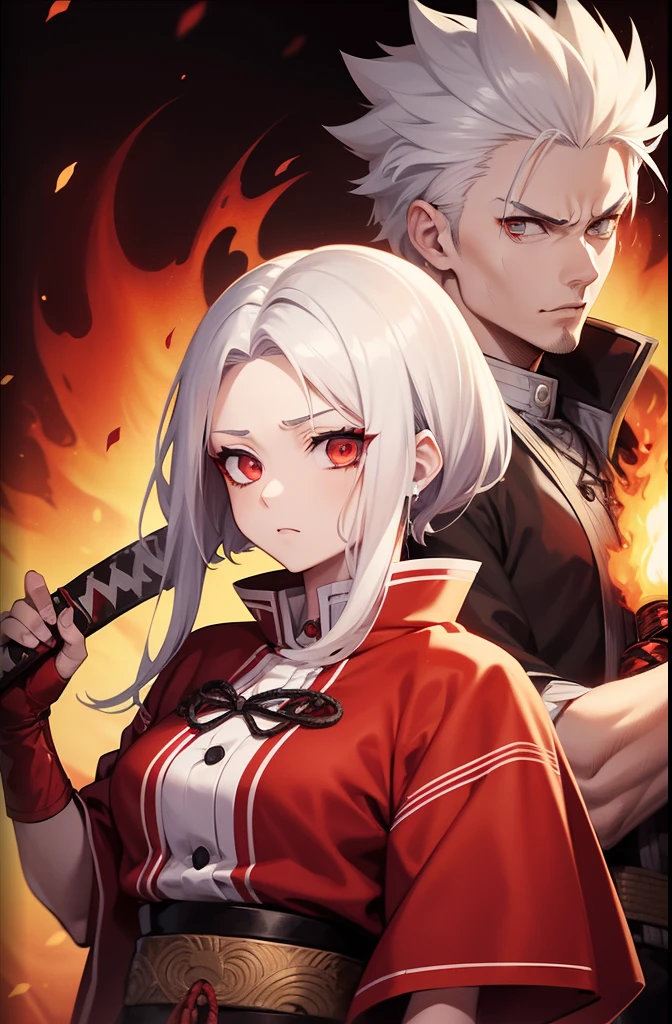 girl with white hair, medium length hair, short height, Demon Slayer art style, no chest, Kimetsu no yaiba clothing style, red clothes, next to a muscular man, who has a red goatee, short hair, serious look, blond hair, wearing a red haori, holding a katana in his hands, using fire breathing
