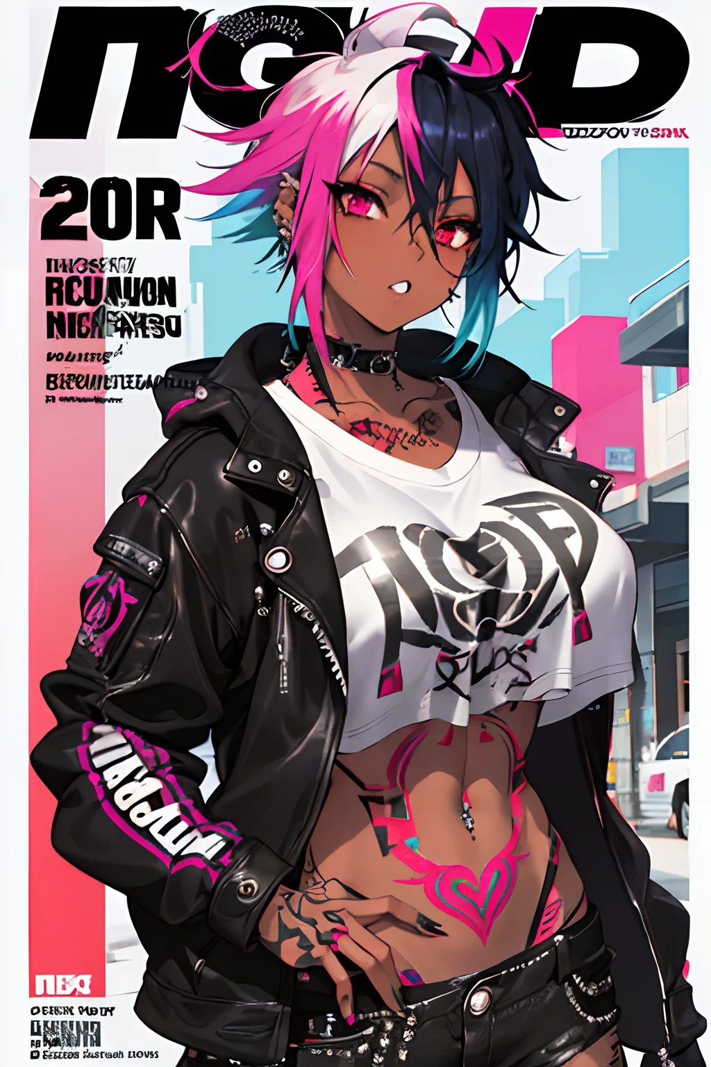 The most beautiful and sexy punk rock girl, neon rainbow colored hair, red eyes, dark skin, blowout natural hairstyle, wearing trending punk rock clothes, huge nude tits exposed, tattoos and piercings, magazine cover, masterpiece, high quality, high resolution