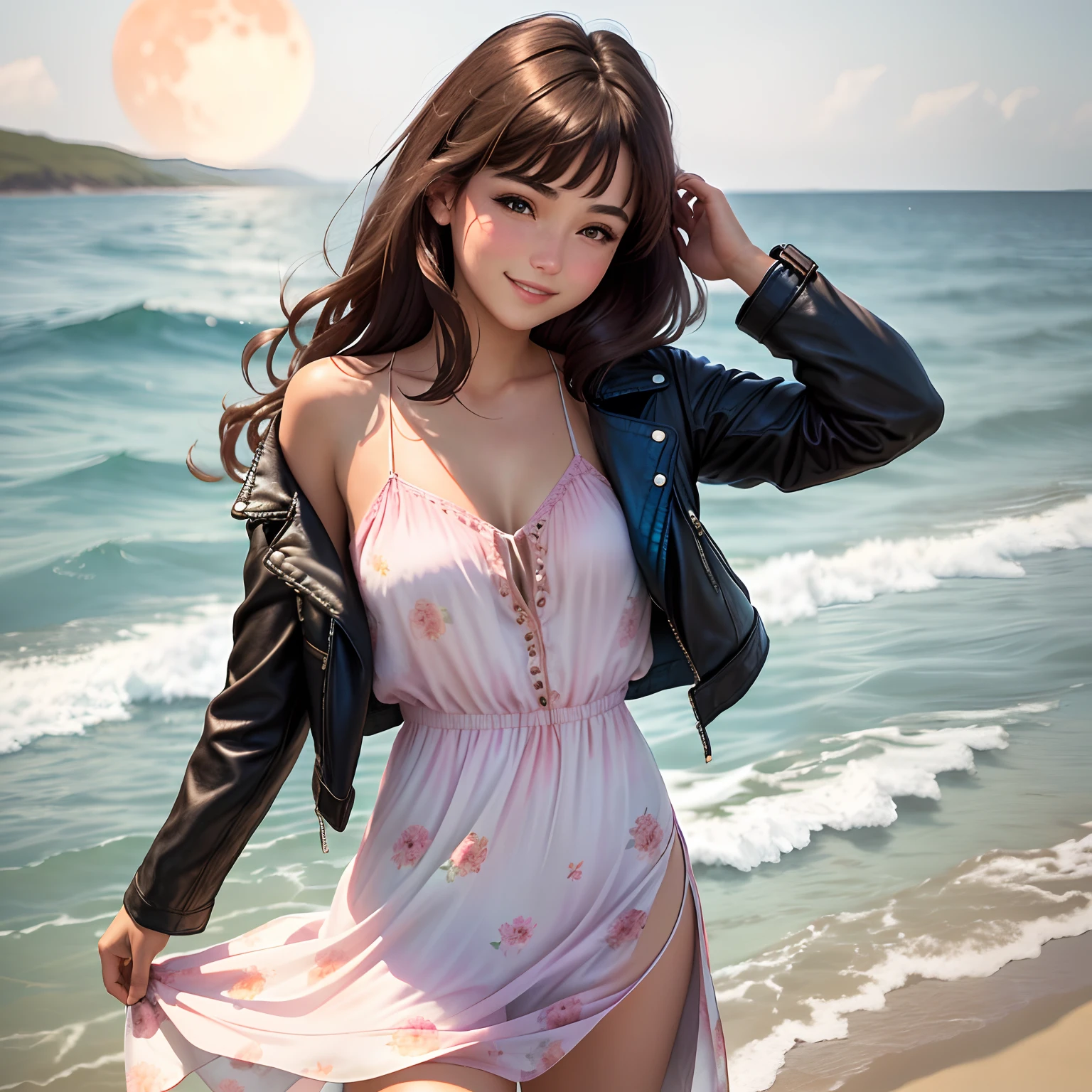 A brunette girl,She wears a floral slip dress on the inside,Wearing a short brown leather jacket outside, She smiled,Rub your hair with both hands,Standing by the sea,blue waters,Pink moon,
