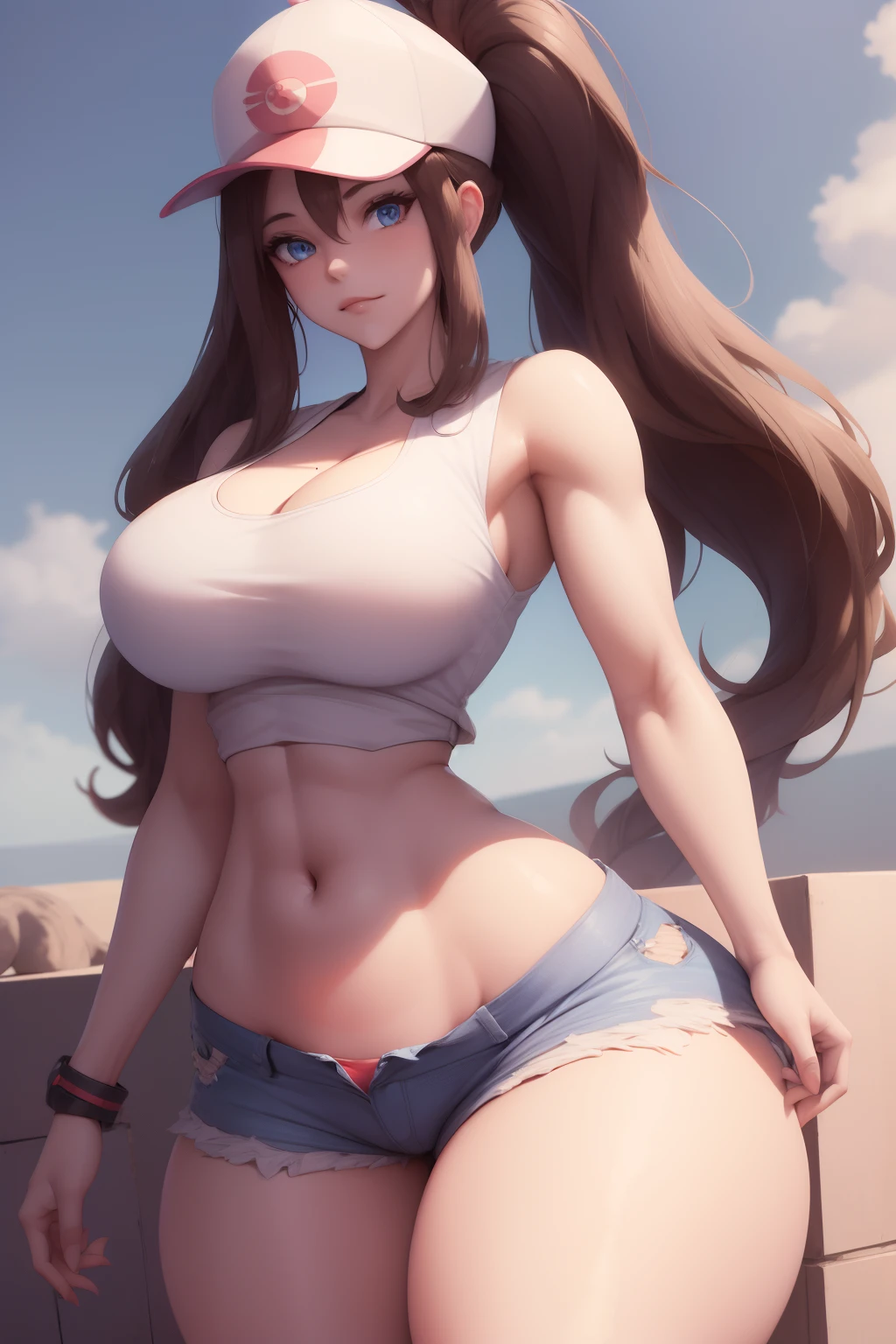 High detail, perfect face, full body, hilda pokemon, white sleeveless top, blue shorts, white cap, long brown hair, large ponytail, standing, beautifull blue eyes, detailed face, slimthick, absurdly thick thighs, ((wide hips:1.3)), thicc