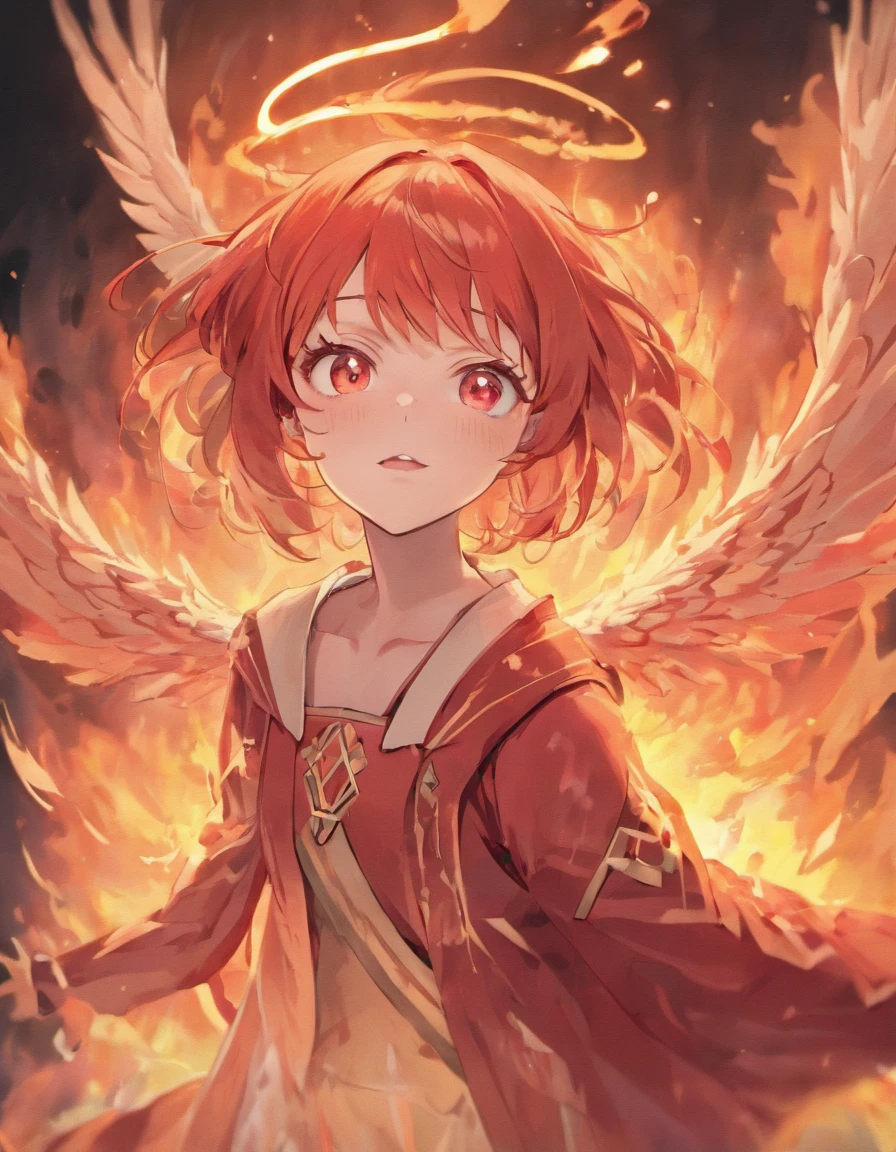 Female, fire angel, fire, angel, demon, red, red hair, pale skin, pale, green eyes, freckles, phoenix wings, fire wings, angel fire wings, angel wings, wings, one character, one face, one person, only one individual, only one character, only one person, only one face.