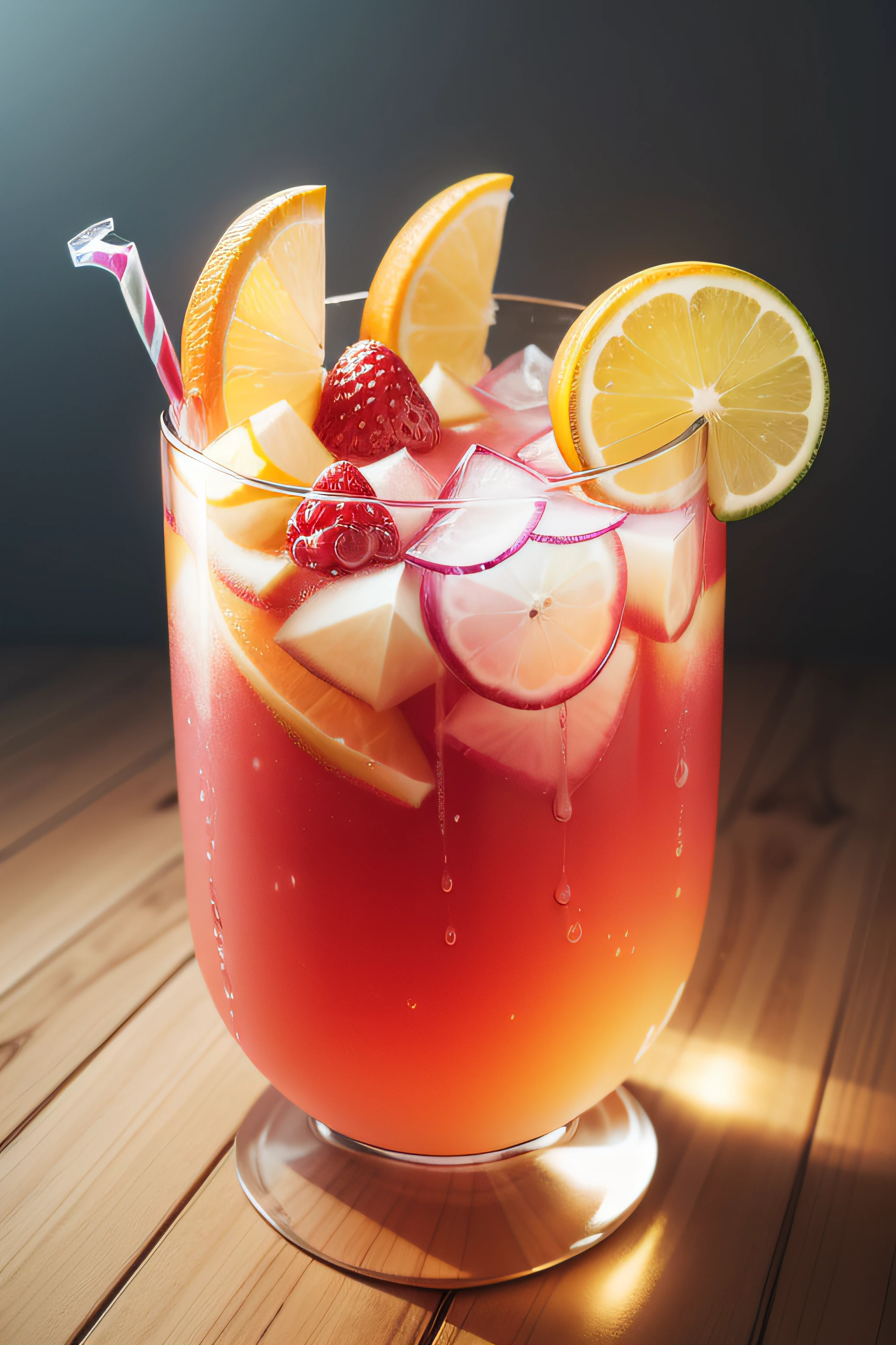 glass with a colorful drink and fruits, ultra realistic