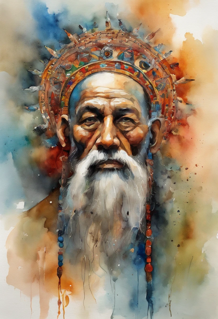 Monge tibetano, rosto velho e esclarecedor, barba longa e branca, com roupas com detalhes amarelos, ethereal and fire effects, Estilo Paul Klee, Obra-prima surreal, octane rendering, foco, fundo colorido, circunstanciado, detalhes intrincados, cores ricas