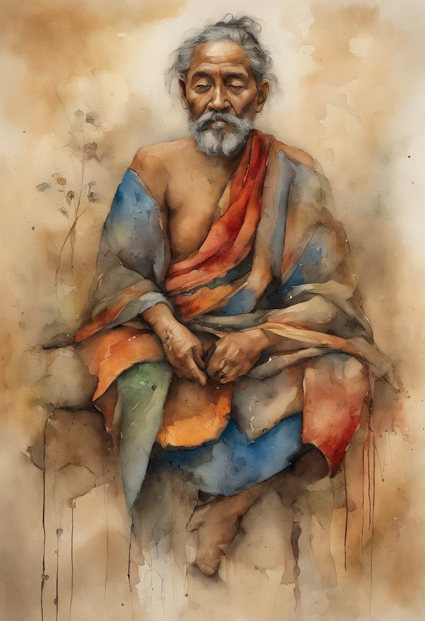 Monge tibetano, rosto velho e esclarecedor, barba longa e branca, com roupas com detalhes amarelos, ethereal and fire effects, Estilo Paul Klee, Obra-prima surreal, octane rendering, foco, fundo colorido, circunstanciado, detalhes intrincados, cores ricas