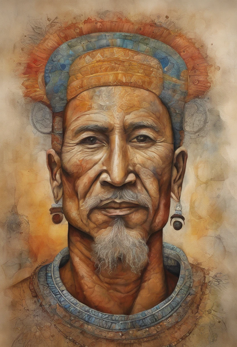 Monge tibetano, rosto velho e esclarecedor, barba longa e branca, com roupas com detalhes amarelos, ethereal and fire effects, Estilo Paul Klee, Obra-prima surreal, octane rendering, foco, fundo colorido, circunstanciado, detalhes intrincados, cores ricas