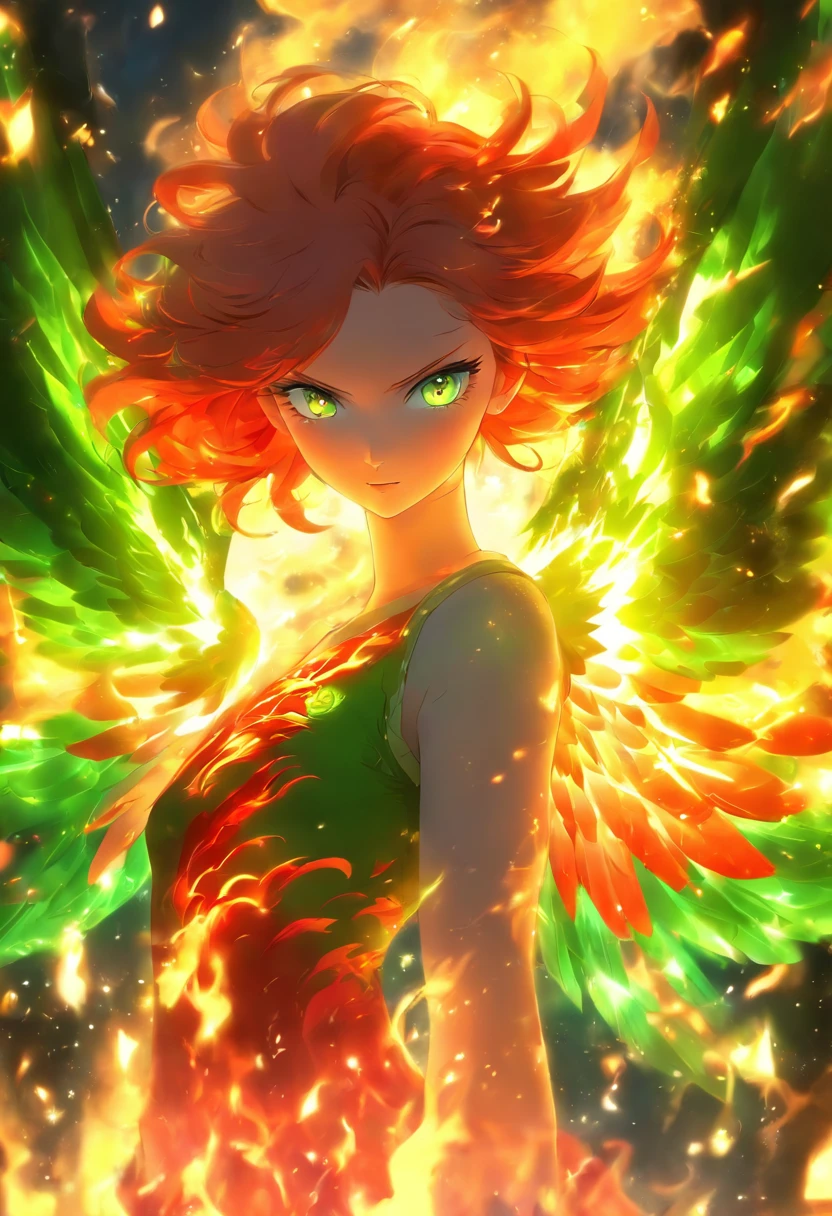 Female, fire angel, fire, angel, demon, red, red hair, pale skin, pale, green eyes, freckles, phoenix wings, fire wings, angel fire wings, angel wings, wings, one character, one face, one person, only one individual, only one character, only one person, only one face.
