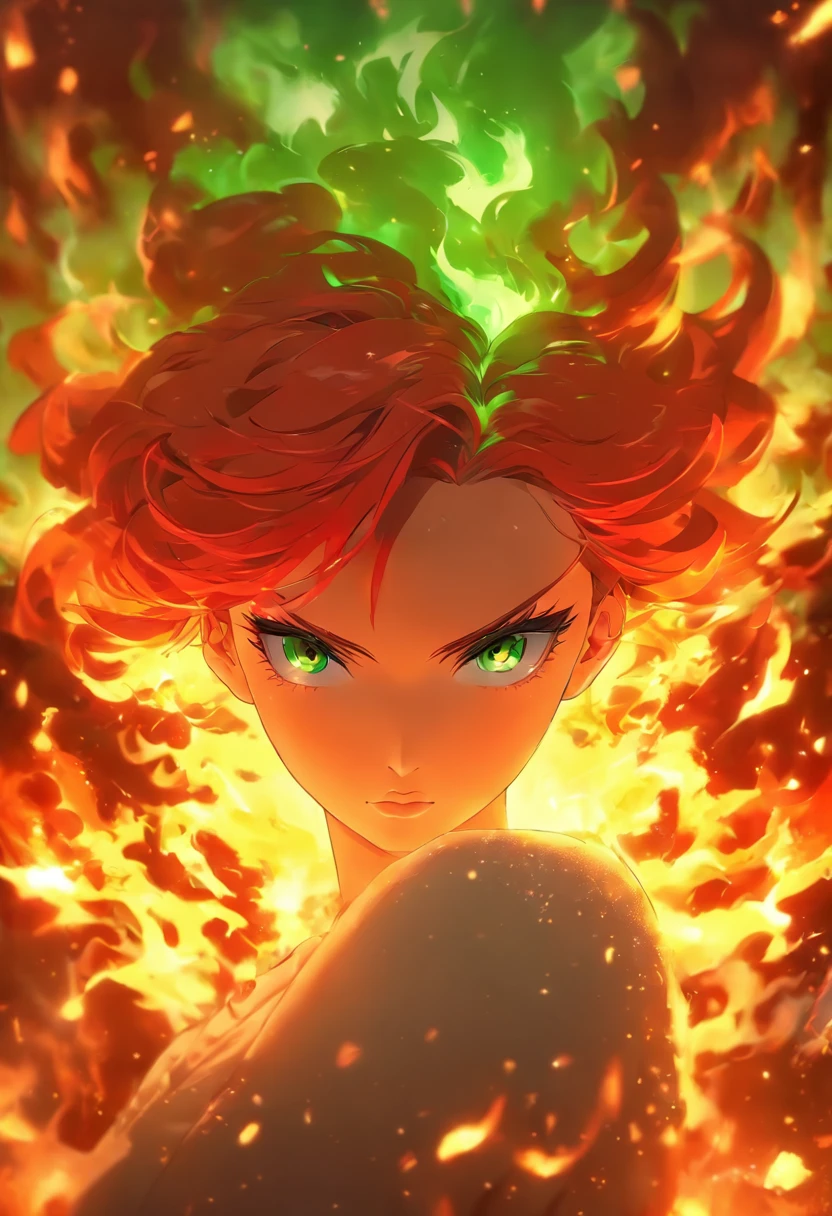Female, fire angel, fire, angel, demon, red, red hair, pale skin, pale, green eyes, freckles, phoenix wings, fire wings, angel fire wings, angel wings, wings, one character, one face, one person, only one individual, only one character, only one person, only one face.