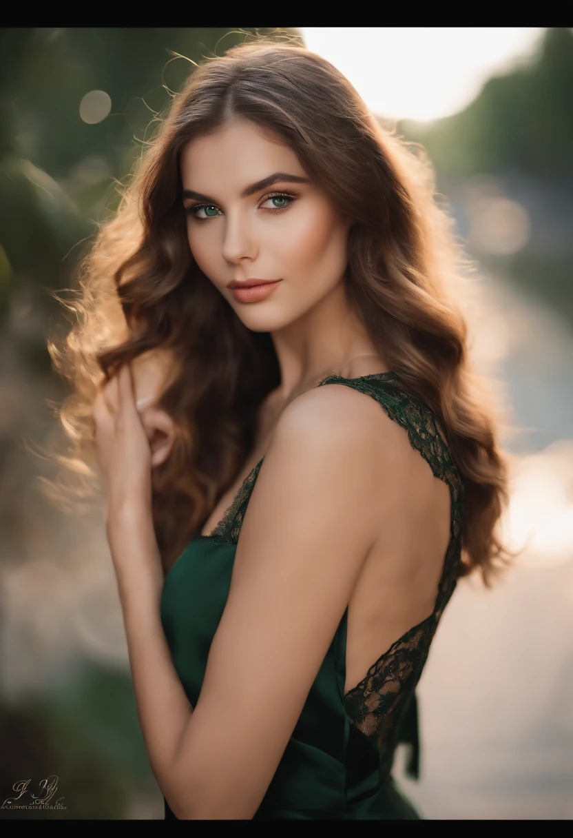 (Top Quality, 8K, Masterpiece: 1.3)), (1 person: 1.4), 1girl, american girl, Goddess, 19 years old, portrait photography, at a busy party, high contrast, divine perspective, aperture F1.2, focal length 24mm, upper body, photo pose, fine lace, slip dress, black satin slip dress, brand dress, simple cut, long brown hair, green eyes, hair tying, ultra detailed skin details, looking at the viewer, looks like a highly attractive hollywood star