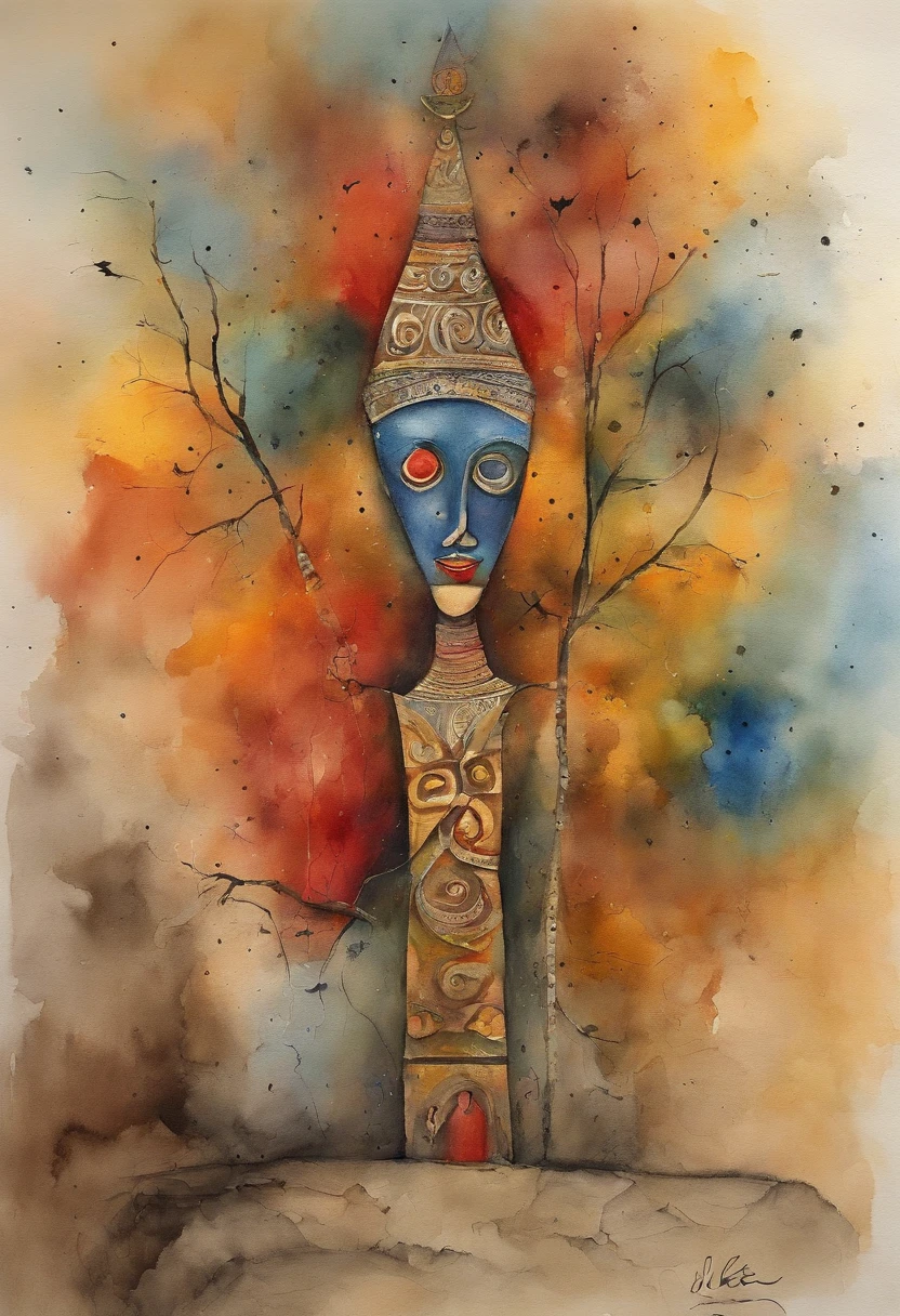 Monge tibetano, rosto maduro e iluminado, barba longa e branca, roupas brancas com detalhes amarelos, ethereal and fire effects, Estilo Paul Klee, Obra-prima surreal, octane rendering, foco, fundo colorido, circunstanciado, detalhes intrincados, cores ricas