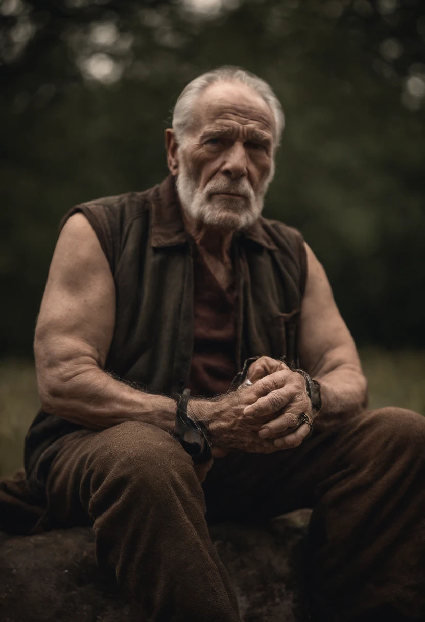 Muscular elderly man with a skull in his hands, vestes refinadas, olhar sereno, fundo escuro, melancolia, estoicismo