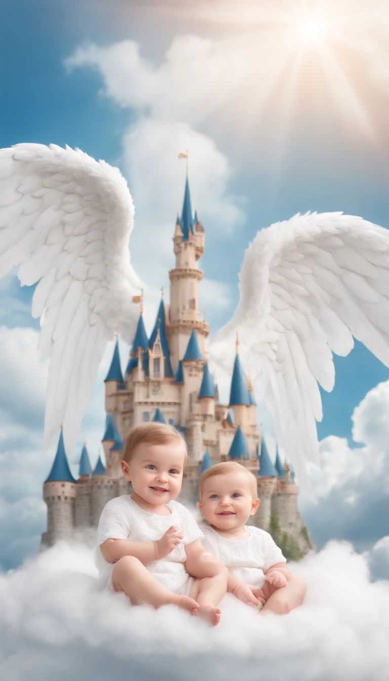 Beautiful angel babies smiling sitting on clouds in front a beautiful giant castle in the sky full image coloring pages