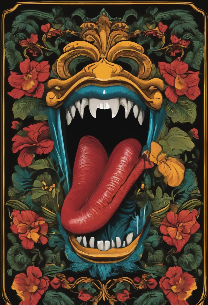 big mouth illustration for a sticker with a black background, em negrito estilo de contorno, bordas irregulares, Lixo, sombreamento claro