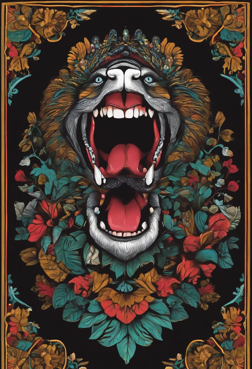 big mouth illustration for a sticker with a black background, em negrito estilo de contorno, bordas irregulares, Lixo, sombreamento claro
