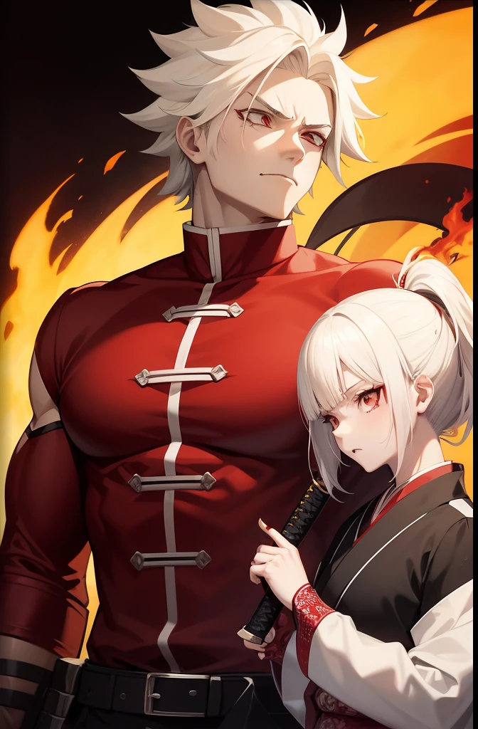 girl with white hair, medium length hair, short height, Demon Slayer art style, no chest, Kimetsu in yaiba clothing style, red clothes, next to a muscular man, who has a red goatee, short hair, serious look , blonde hair, wearing a red haori, holding a katana in his hands, using fire breath