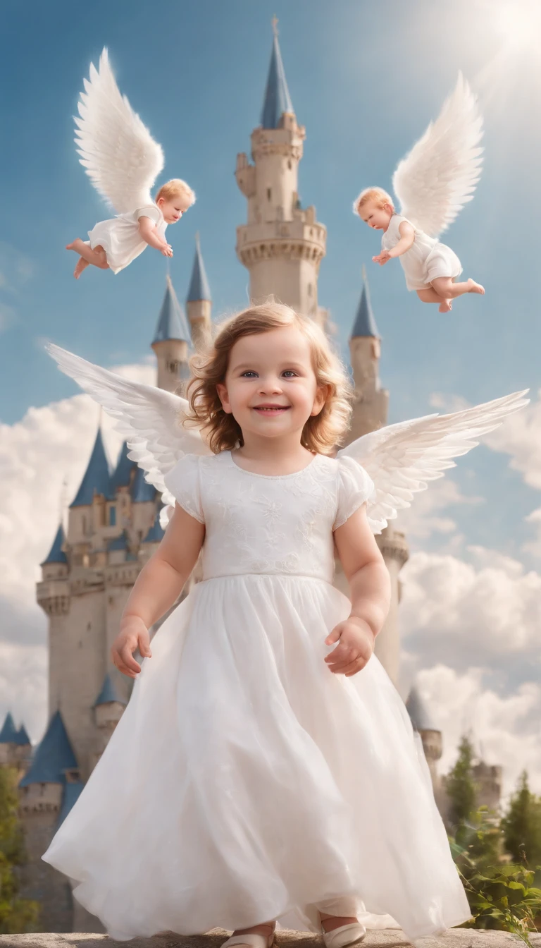 Beautiful angel babies smiling sitting on clouds in front a beautiful giant castle in the sky full image coloring pages
