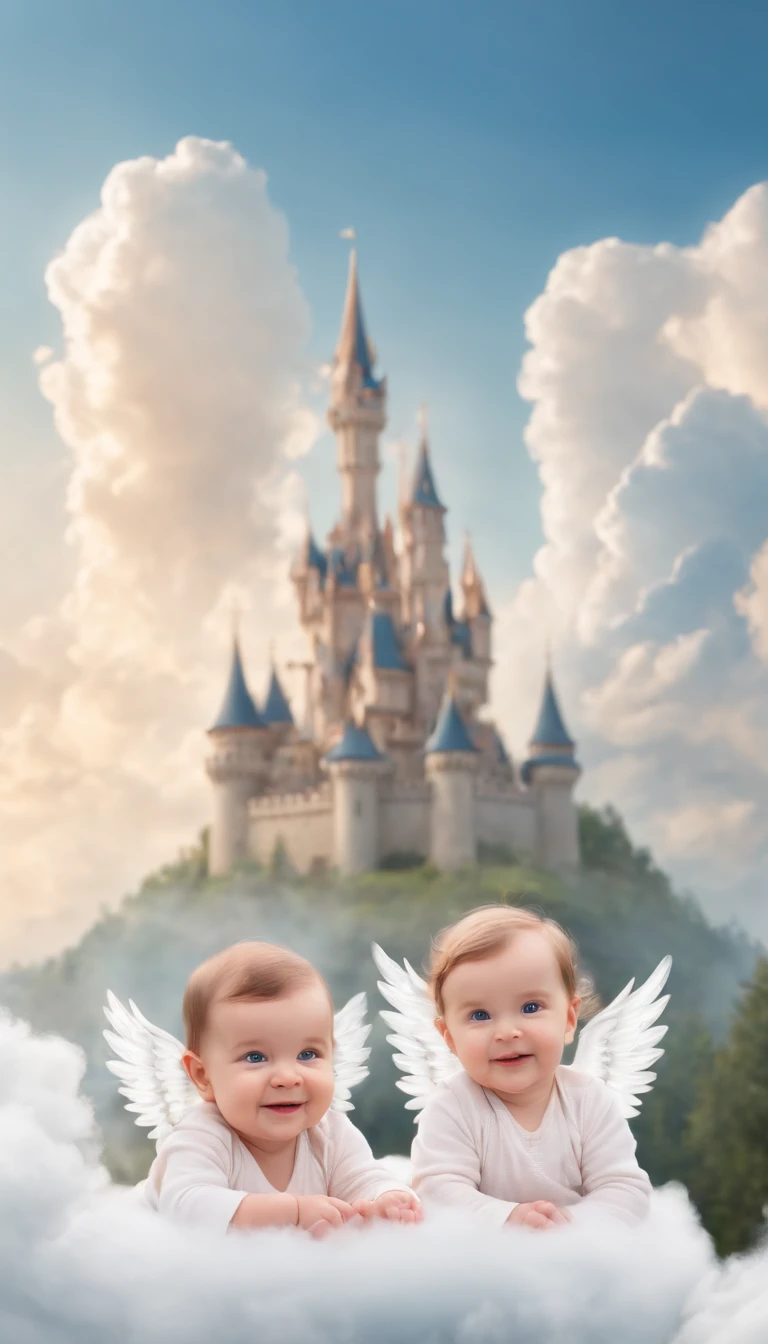 Beautiful angel babies smiling sitting on clouds in front a beautiful giant castle in the sky full image coloring pages