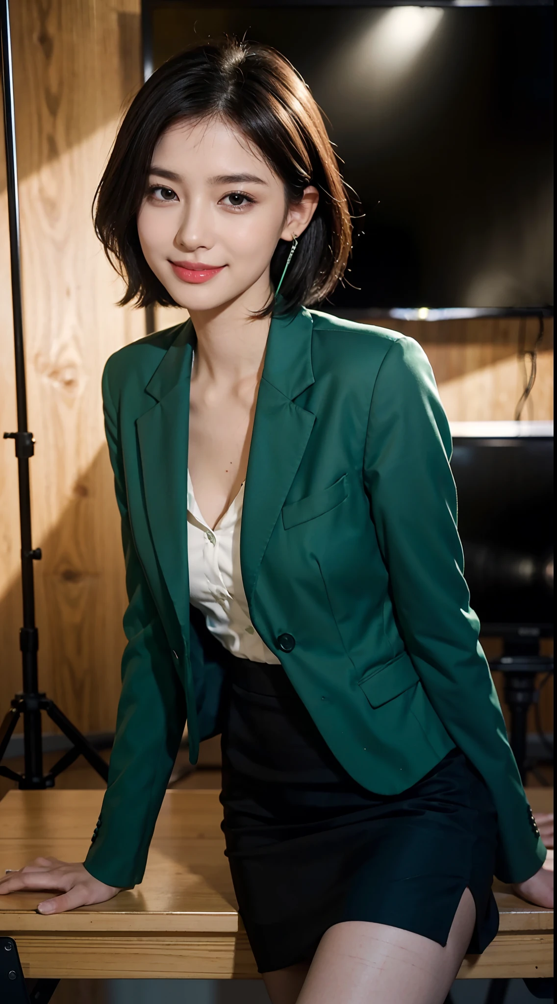 8K，masterpiece，best quality，TV programs, news programs, presenters in the host broadcast news, broadcast halls, sitting upright on the chair behind the table，The table is in front of the girl，There are instruments and equipment on site, large screen,microphone on the table，A girl，Extremely detailed facial details，shoulder length black straight short hair, Wearing earphone in one ear，smile，happy，green blazer and skirt set,shirt，small breasts，slim, thin,Black stockings, high heels，close shot，Broadcasting in progress，Holding the manuscript in hand，cowboy shot，Directly facing the camera，front front，upper body