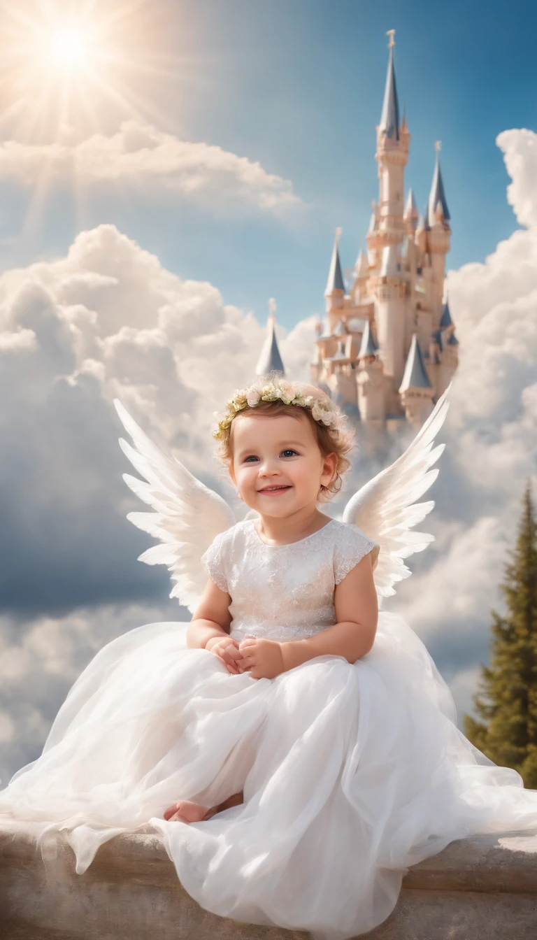 Beautiful angel babies smiling sitting on clouds in front a beautiful giant castle in the sky full image coloring pages