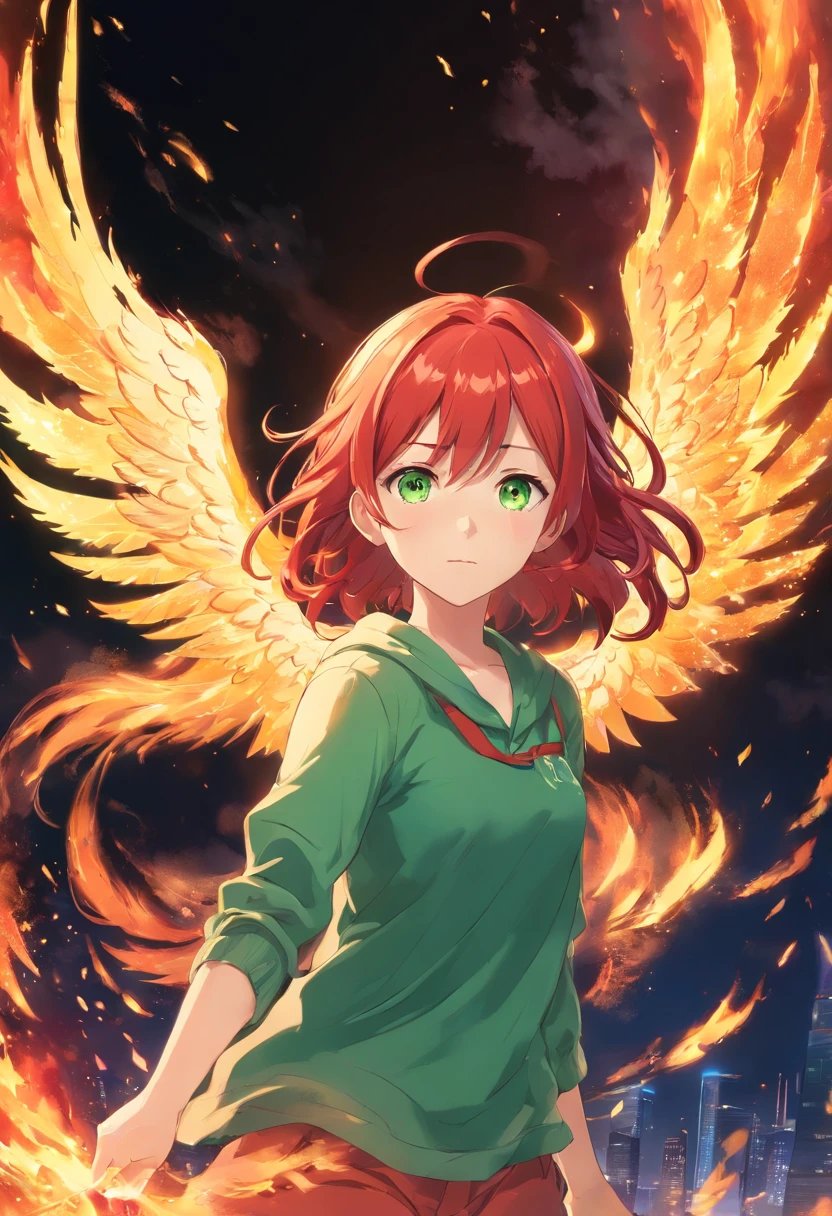Female, fire angel, fire, angel, demon, red, red hair, pale skin, pale, green eyes, freckles, phoenix wings, fire wings, angel fire wings, angel wings, wings, one character, one face, one person, only one individual, only one character, only one person, only one face.