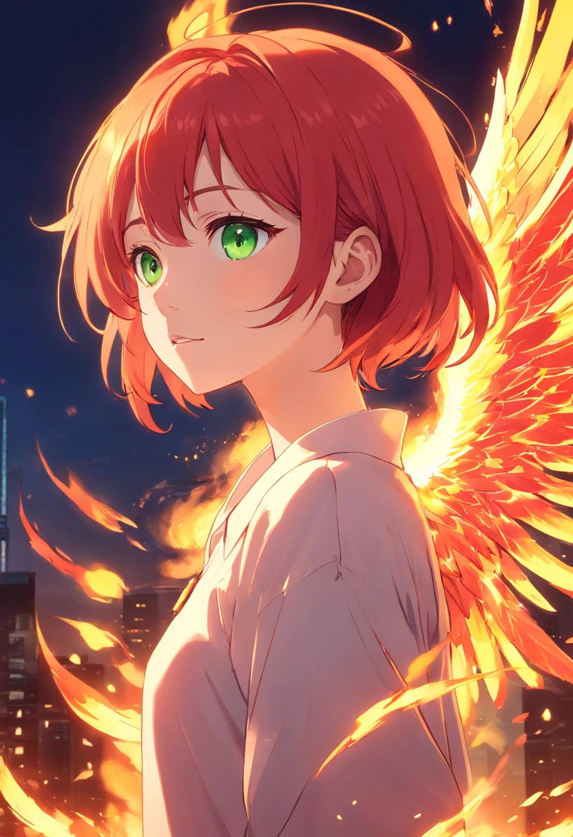 Female, fire angel, fire, angel, demon, red, red hair, pale skin, pale, green eyes, freckles, phoenix wings, fire wings, angel fire wings, angel wings, wings, one character, one face, one person, only one individual, only one character, only one person, only one face.