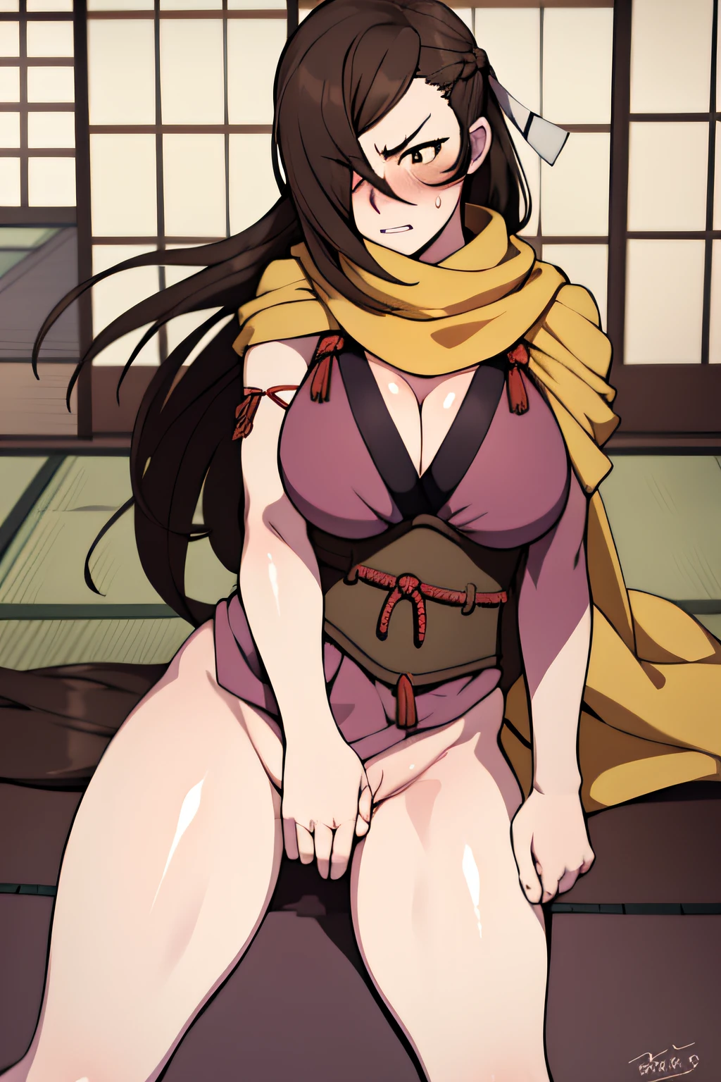 masterpiece, best quality, kagero, hair over one eye, hair ribbon, yellow scarf, japanese clothes, cleavage, large breasts, sash, angry, embarrassed, pelvic curtain, pelvic curtain lift, no panties, pussy, wind lift, long legs