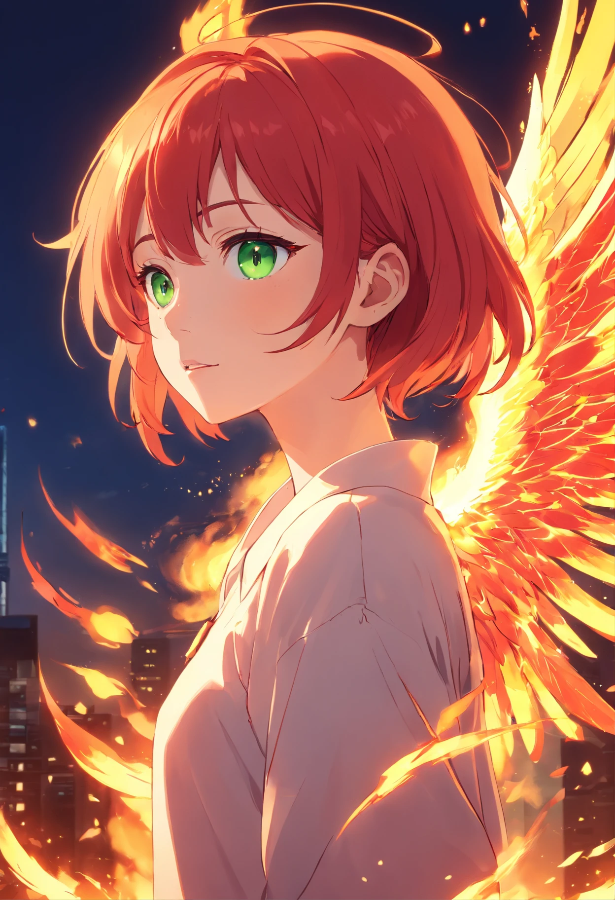 Female, fire angel, fire, angel, demon, red, red hair, pale skin, pale, green eyes, freckles, phoenix wings, fire wings, angel fire wings, angel wings, wings, one character, one face, one person, only one individual, only one character, only one person, only one face.
