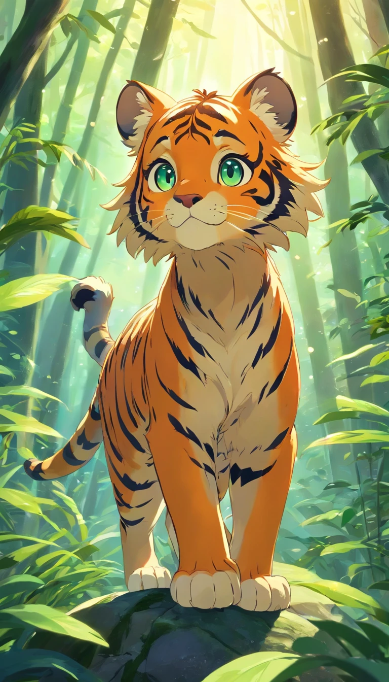 Colorful cute anthropomorphic little tiger in magical forest, largeeyes, Render in ultra-realistic detail, Sharp, High-quality details, 85mm