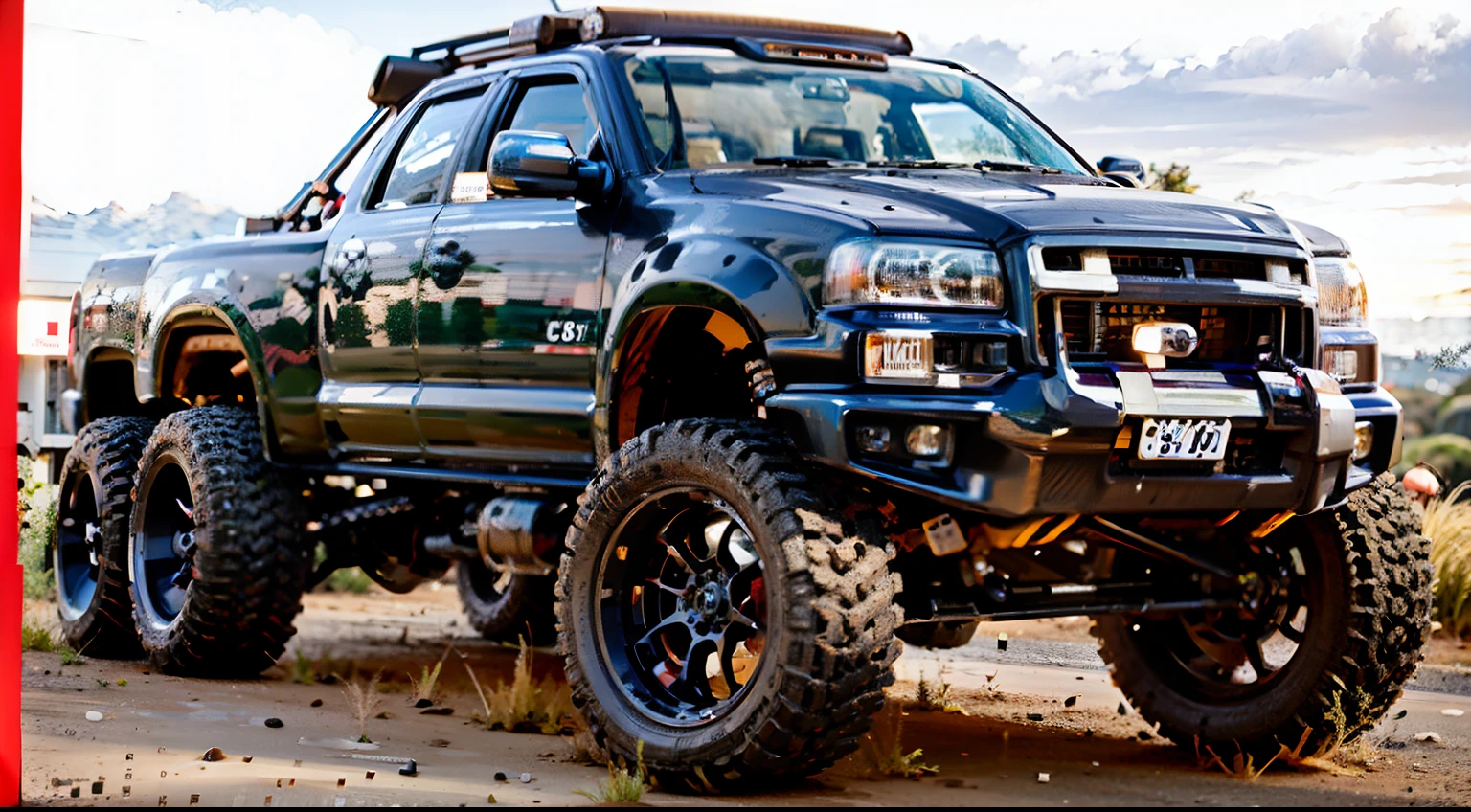 Arafed truck with a large bed and a large bumper, trending on vehicle design, Ford F-150 Raptor |, Corpo largo, trophy truck, vehicle concept photo!!, new vehicle, monster truck, Cyber Truck, vista completa de um carro, olhar agressivo, em estilo de ultra realista, Truck, ultra detalhado, forte e imponente, ave de rapina