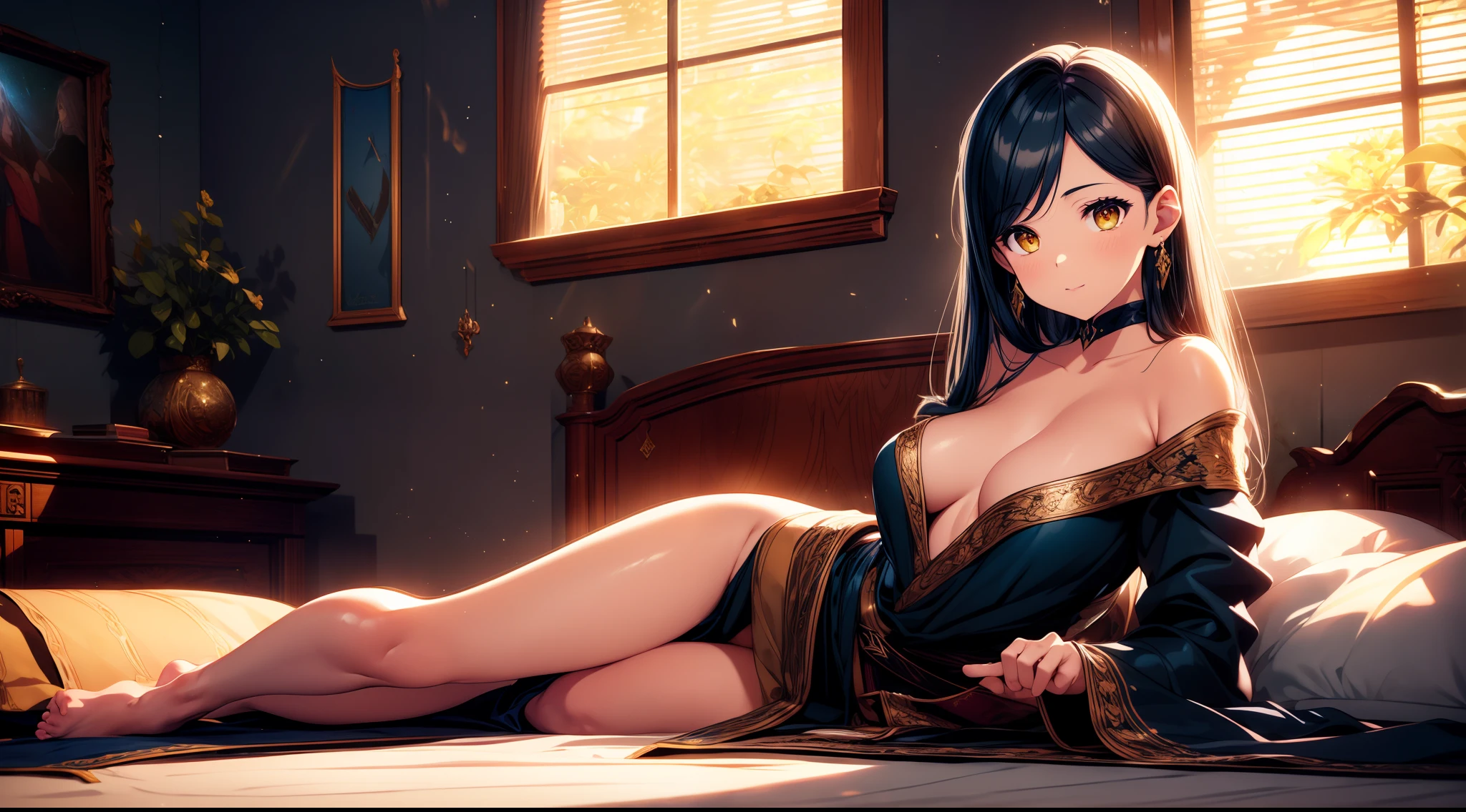 an alone mature girl with long blue and yellow eyes sitting on the bed and spread leg , night, High detail mature face, tie hair on the left side, golden eyes, bare leg, bare shoulder, white noble priest dress, high res, ultra sharp, 8k, masterpiece, smiling, fantasy world, magical radiance background ((Best quality)), ((masterpiece)), 3D, HDR (High Dynamic Range),Ray Tracing, NVIDIA RTX, Super-Resolution, Unreal 5,Subsurface scattering, PBR Texturing, Post-processing, Anisotropic Filtering, Depth-of-field, Maximum clarity and sharpness, Multi-layered textures, Albedo and Specular maps, Surface shading, Accurate simulation of light-material interaction, Perfect proportions, Octane Render, Two-tone lighting, Wide aperture, Low ISO, White balance, Rule of thirds,8K RAW, Aura, masterpiece, best quality, Mysterious expression, magical effects like sparkles or energy, flowing robes or enchanting attire, mechanic creatures or mystical background, rim lighting, side lighting, cinematic light, ultra high res, 8k uhd, film grain, best shadow, delicate, RAW, light particles, detailed skin texture, detailed cloth texture, beautiful face, 
(masterpiece), best quality, expressive eyes, perfect face,