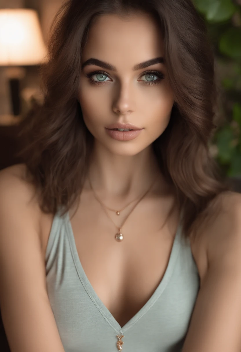 arafed woman with a white tank top and a necklace, sexy girl with green eyes, portrait sophie mudd, brown hair and large eyes, selfie of a young woman, bedroom eyes, violet myers, without makeup, natural makeup, looking directly at the camera, face with artgram, subtle makeup, stunning full body shot, piercing green eyes