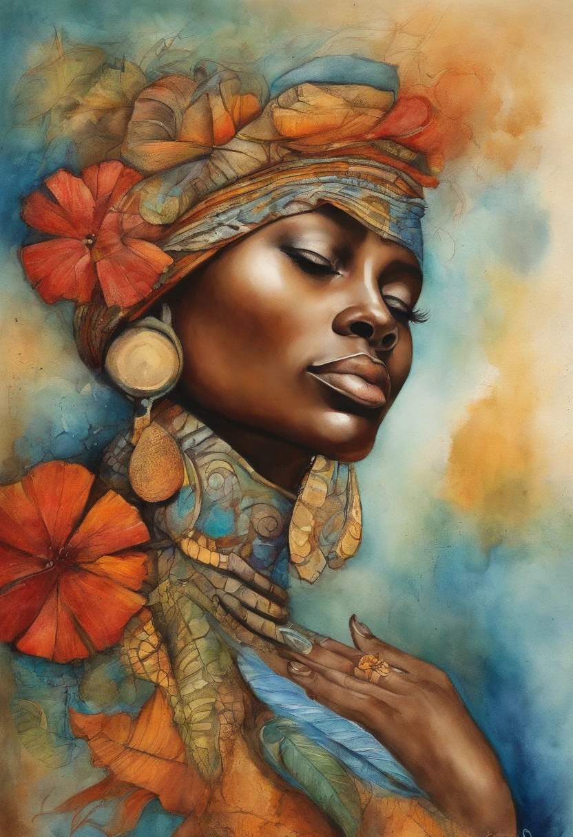 Yemanja (deusa africana feminina), rosto deslumbrante, anatomia perfeita, seios grandes, roupas azuis, Sea waters and fish as effects, Estilo Paul Klee, Obra-prima surreal, octane rendering, foco, fundo colorido, circunstanciado, detalhes intrincados, cores ricas
