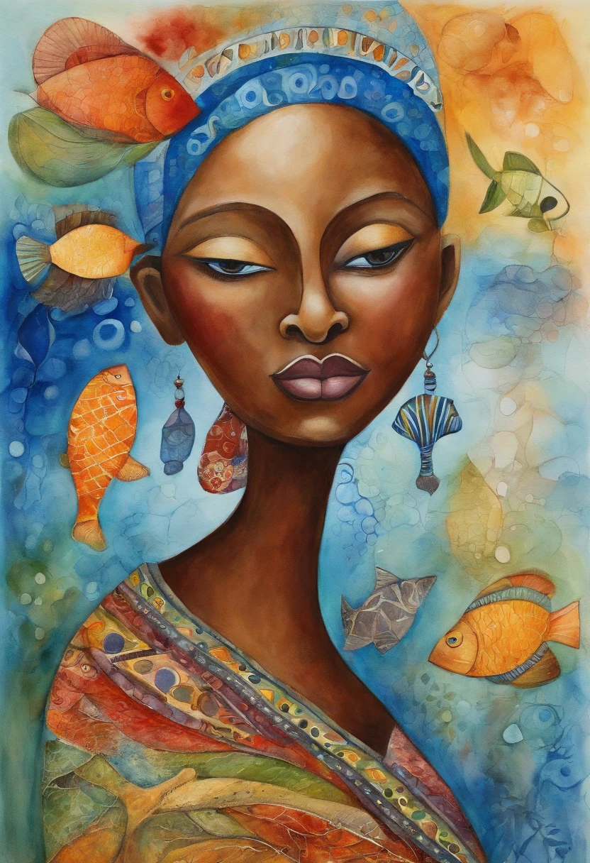 Yemanja (deusa africana feminina), rosto deslumbrante, anatomia perfeita, seios grandes, roupas azuis, Sea waters and fish as effects, Estilo Paul Klee, Obra-prima surreal, octane rendering, foco, fundo colorido, circunstanciado, detalhes intrincados, cores ricas