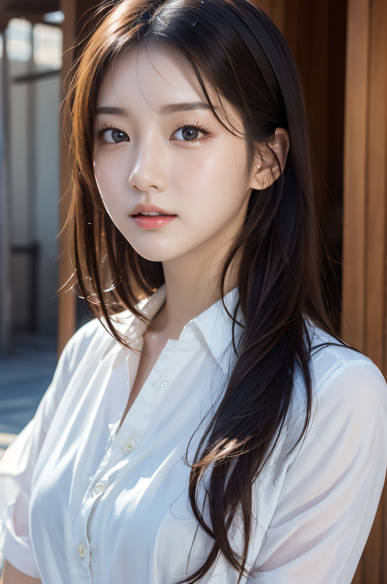 Highly detailed CG Unity 8k wallpaper, of the highest quality, super detailed, masutepiece, Realistic, photographrealistic, extremely detailed cute girl, 25 years old, Round eyes, viewer, blush, Parted lips, Upper body , (get sweaty) , white business shirt , bed,