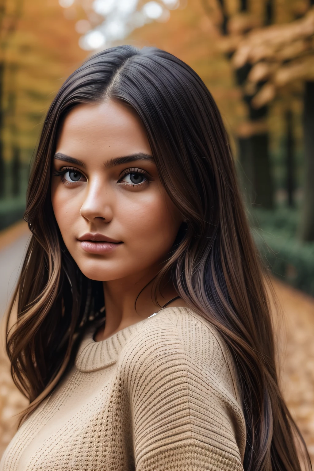 photography of a stunning girl, wearing a autumn jumper, long hair on one side, heavy bust 36DD, looks into the camera, symmetrical eyes, symmetrical face, photorealistic, photography, path tracing, specular lighting, volumetric face light, path traced hair, visible shadows, intricate, elaborate