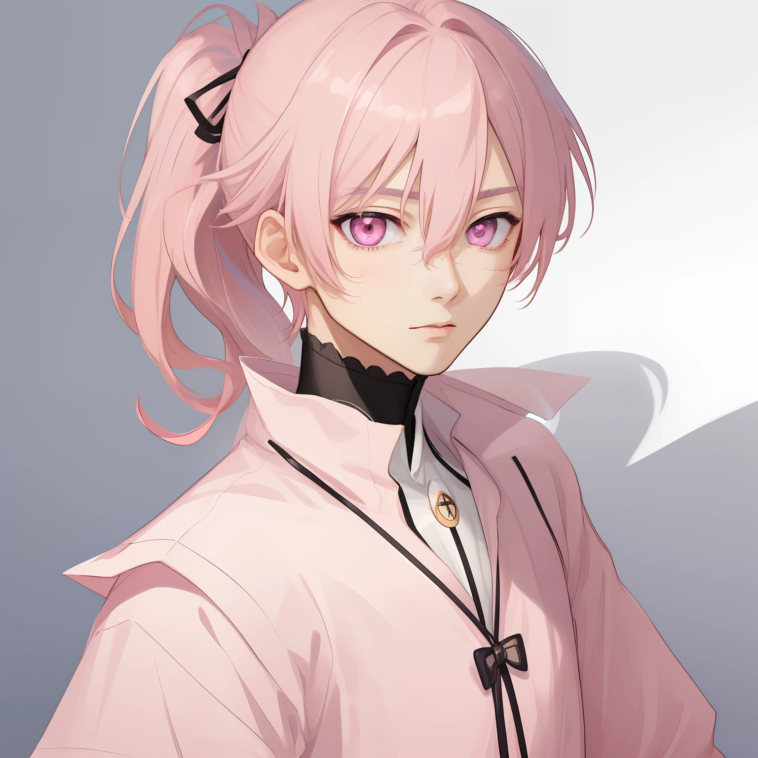 1boy, best quality, exquisite facial features, perfect face, ikemen, shota, {{{light pink eyes}}}, pink hair, low ponytail, simple black clothes