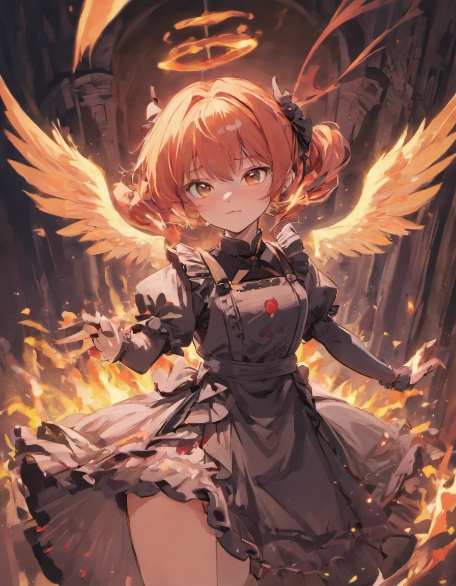 Maid knight, maid, knight, gothic fashion, gothic, dark clothes, female, fire angel, fire, angel, demon, red, red hair, pale skin, pale, green eyes, freckles, phoenix wings, fire wings, angel fire wings, angel wings, wings, one character, one face, one person, only one individual, only one character, only one person, only one face.