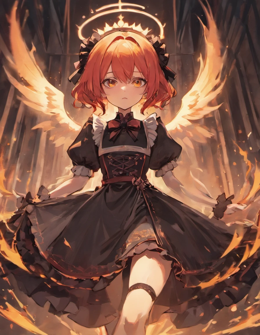 Maid knight, maid, knight, gothic fashion, gothic, dark clothes, female, fire angel, fire, angel, demon, red, red hair, pale skin, pale, green eyes, freckles, phoenix wings, fire wings, angel fire wings, angel wings, wings, one character, one face, one person, only one individual, only one character, only one person, only one face.